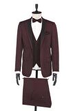 Desenli Armürlü Mono Yaka Astarlı Yelekli 6 Drop Slim Fit Dar Kesim Smokin Damatlık 1001190164 Bordo
