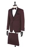 Desenli Armürlü Mono Yaka Astarlı Yelekli 6 Drop Slim Fit Dar Kesim Smokin Damatlık 1001190164 Bordo