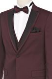 Desenli Armürlü Mono Yaka Astarlı Yelekli 6 Drop Slim Fit Dar Kesim Smokin Damatlık 1001190164 Bordo
