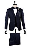 Desenli Mono Yaka Astarlı Yelekli 6 Drop Slim Fit Dar Kesim Smokin Damatlık 1001210100 Koyu Lacivert