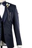 Desenli Mono Yaka Astarlı Yelekli 6 Drop Slim Fit Dar Kesim Smokin Damatlık 1001210100 Koyu Lacivert