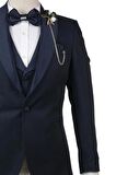 Desenli Şal Yaka Astarlı Yelekli 6 Drop Slim Fit Dar Kesim Smokin Damatlık 1001210103 Lacivert