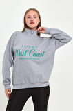 TEES LAB Kadın Gri Vintage Soft Yeşil Baskılı Sweatshirt 729620