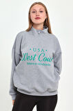 TEES LAB Kadın Gri Vintage Soft Yeşil Baskılı Sweatshirt 729620
