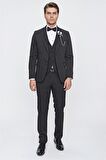 Desenli Armürlü Mono Yaka Astarlı Yelekli 6 Drop Slim Fit Dar Kesim Smokin Damatlık 1001220201 Siyah