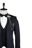 Desenli Armürlü Mono Yaka Astarlı Yelekli 6 Drop Slim Fit Dar Kesim Smokin Damatlık 1001220201 Koyu Lacivert