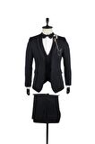 Desenli Armürlü Mono Yaka Astarlı Yelekli 6 Drop Slim Fit Dar Kesim Smokin Damatlık 1001220202 Koyu Lacivert
