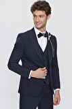 Desenli Armürlü Kırlangıç Yaka Astarlı Yelekli 6 Drop Slim Fit Dar Kesim Smokin Damatlık 1001220203 Koyu Lacivert