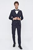 Desenli Armürlü Kırlangıç Yaka Astarlı Yelekli 6 Drop Slim Fit Dar Kesim Smokin Damatlık 1001220203 Koyu Lacivert