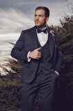 Desenli Armürlü Mono Yaka Astarlı Yelekli 6 Drop Slim Fit Dar Kesim Smokin Damatlık 1001220205 Koyu Lacivert