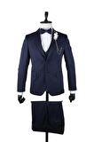 Desenli Armürlü Mono Yaka Astarlı Yelekli 6 Drop Slim Fit Dar Kesim Smokin Damatlık 1001220205 Koyu Lacivert