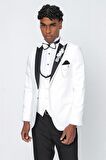 Desenli Armürlü Kırlangıç Yaka Astarlı Yelekli 6 Drop Slim Fit Dar Kesim Smokin Damatlık 1001220206 Açık Krem