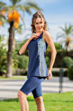 RUKOMAYO LACİVERT LEOPAR DESENLİ OMUZDAN ASKILI LYCRA KUMAŞ TAYTLI TANKİNİ