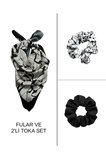 Kadın Dijital Baskılı Mermer Fular & Simit Toka Seti – 1 Fular (48×48 cm) + 2 Simit Toka
