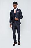 Gabardin Kırlangıç Yaka Tam Astar Yelekli 6 Drop Slim Fit Dar Kesim Takım Elbise 1001225176 Koyu Lacivert