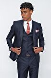 Gabardin Kırlangıç Yaka Tam Astar Yelekli 6 Drop Slim Fit Dar Kesim Takım Elbise 1001225176 Koyu Lacivert