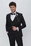 Armürlü Kırlangıç Yaka Tam Astar Yelekli 6 Drop Slim Fit Dar Kesim Smokin Damatlık 1001225178 Siyah