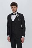 Armürlü Kırlangıç Yaka Tam Astar Yelekli 6 Drop Slim Fit Dar Kesim Smokin Damatlık 1001225178 Siyah