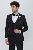 Armürlü Kırlangıç Yaka Tam Astar Yelekli 6 Drop Slim Fit Dar Kesim Smokin Damatlık 1001225178 Siyah