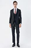 Siyah Mono Yaka Astarlı Çift Yırtmaç Yelekli 6 Drop Slim Fit Dar Kesim Basic Takım 1001230186