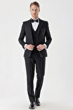 Desenli Armürlü Çıkarılabilir Mono Yaka Yelekli 6 Drop Slim Fit Smokin Damatlık Takım 1001230202 Siyah