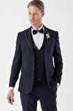 Desenli Armürlü Çıkarılabilir Mono Yaka Yelekli 6 Drop Slim Fit Smokin Damatlık Takım 1001230202 Koyu Lacivert