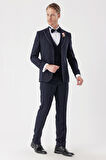 Desenli Armürlü Çıkarılabilir Mono Yaka Yelekli 6 Drop Slim Fit Smokin Damatlık Takım 1001230202 Koyu Lacivert