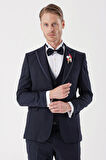 Desenli Armürlü Çıkarılabilir Mono Yaka Yelekli 6 Drop Slim Fit Smokin Damatlık Takım 1001230202 Koyu Lacivert