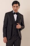 Desenli Çıkarılabilir Şal Yaka Yelekli 6 Drop Slim Fit Smokin Damatlık Takım 1001230203 Siyah