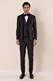 Desenli Çıkarılabilir Şal Yaka Yelekli 6 Drop Slim Fit Smokin Damatlık Takım 1001230203 Siyah