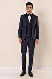 Desenli Çıkarılabilir Şal Yaka Yelekli 6 Drop Slim Fit Smokin Damatlık Takım 1001230203 Koyu Lacivert