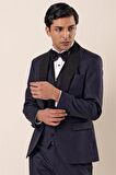 Desenli Çıkarılabilir Şal Yaka Yelekli 6 Drop Slim Fit Smokin Damatlık Takım 1001230203 Koyu Lacivert