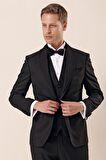 Desenli Çıkarılabilir Şal Yaka Yelekli 6 Drop Slim Fit Smokin Damatlık Takım 1001230204 Siyah