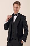 Desenli Çıkarılabilir Şal Yaka Yelekli 6 Drop Slim Fit Smokin Damatlık Takım 1001230204 Siyah