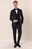 Desenli Çıkarılabilir Şal Yaka Yelekli 6 Drop Slim Fit Smokin Damatlık Takım 1001230204 Siyah