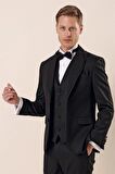 Desenli Çıkarılabilir Şal Yaka Yelekli 6 Drop Slim Fit Smokin Damatlık Takım 1001230204 Siyah