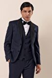 Desenli Çıkarılabilir Şal Yaka Yelekli 6 Drop Slim Fit Smokin Damatlık Takım 1001230204 Koyu Lacivert