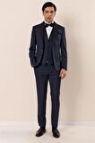 Desenli Çıkarılabilir Şal Yaka Yelekli 6 Drop Slim Fit Smokin Damatlık Takım 1001230204 Koyu Lacivert