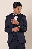Desenli Çıkarılabilir Şal Yaka Yelekli 6 Drop Slim Fit Smokin Damatlık Takım 1001230204 Koyu Lacivert