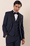 Desenli Çıkarılabilir Şal Yaka Yelekli 6 Drop Slim Fit Smokin Damatlık Takım 1001230204 Koyu Lacivert