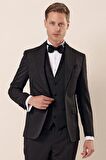 Desenli Çıkarılabilir Şal Yaka Yelekli 6 Drop Slim Fit Smokin Damatlık Takım 1001230210 Siyah