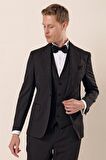 Desenli Çıkarılabilir Şal Yaka Yelekli 6 Drop Slim Fit Smokin Damatlık Takım 1001230210 Siyah