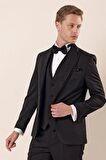 Desenli Çıkarılabilir Şal Yaka Yelekli 6 Drop Slim Fit Smokin Damatlık Takım 1001230210 Siyah