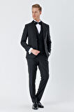 Çizgili Çıkarılabilir Şal Yaka Yelekli 6 Drop Slim Fit Smokin Damatlık Takım 1001230212 Siyah