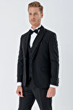 Çizgili Çıkarılabilir Şal Yaka Yelekli 6 Drop Slim Fit Smokin Damatlık Takım 1001230212 Siyah