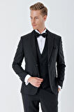 Çizgili Çıkarılabilir Şal Yaka Yelekli 6 Drop Slim Fit Smokin Damatlık Takım 1001230212 Siyah