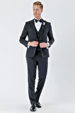 Desenli Armürlü Çıkarılabilir Kırlangıç Yaka 6 Drop Slim Fit Smokin Damatlık Takım 1001230213 Siyah