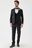 Desenli Armürlü Çıkarılabilir Şal Yaka Kruvaze 6 Drop Slim Fit Smokin Damatlık Takım 1001230214 Siyah