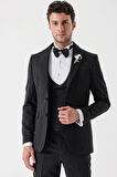 Desenli Armürlü Çıkarılabilir Şal Yaka Kruvaze 6 Drop Slim Fit Smokin Damatlık Takım 1001230214 Siyah
