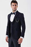 Desenli Armürlü Çıkarılabilir Şal Yaka Kruvaze 6 Drop Slim Fit Smokin Damatlık Takım 1001230214 Koyu Lacivert
